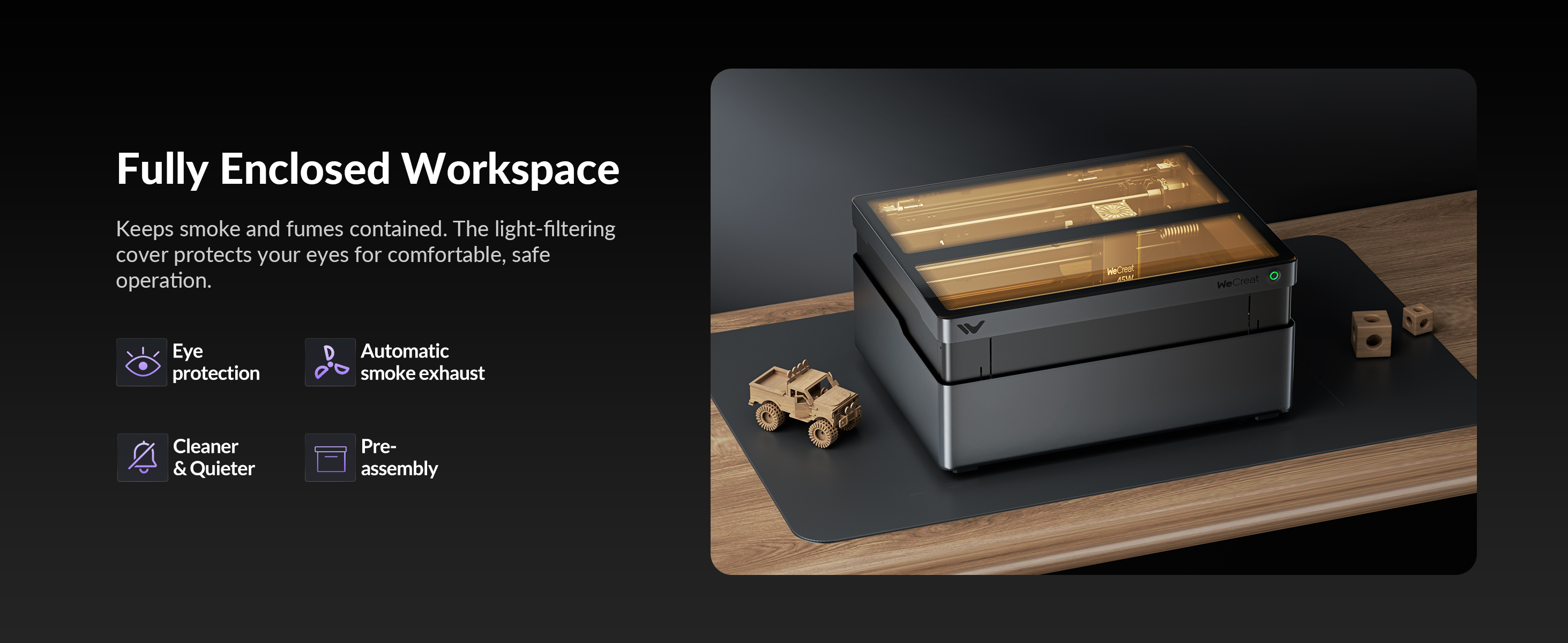 Brand-supplied illustration of the enclosed WeCreat Vision Pro laser machine on a workbench
